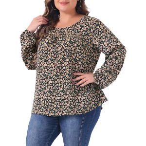Agnes Orinda Women's Plus Size Ditsy Floral Elastic Cuff Crew Neck Peasant Blouses - 1 of 4
