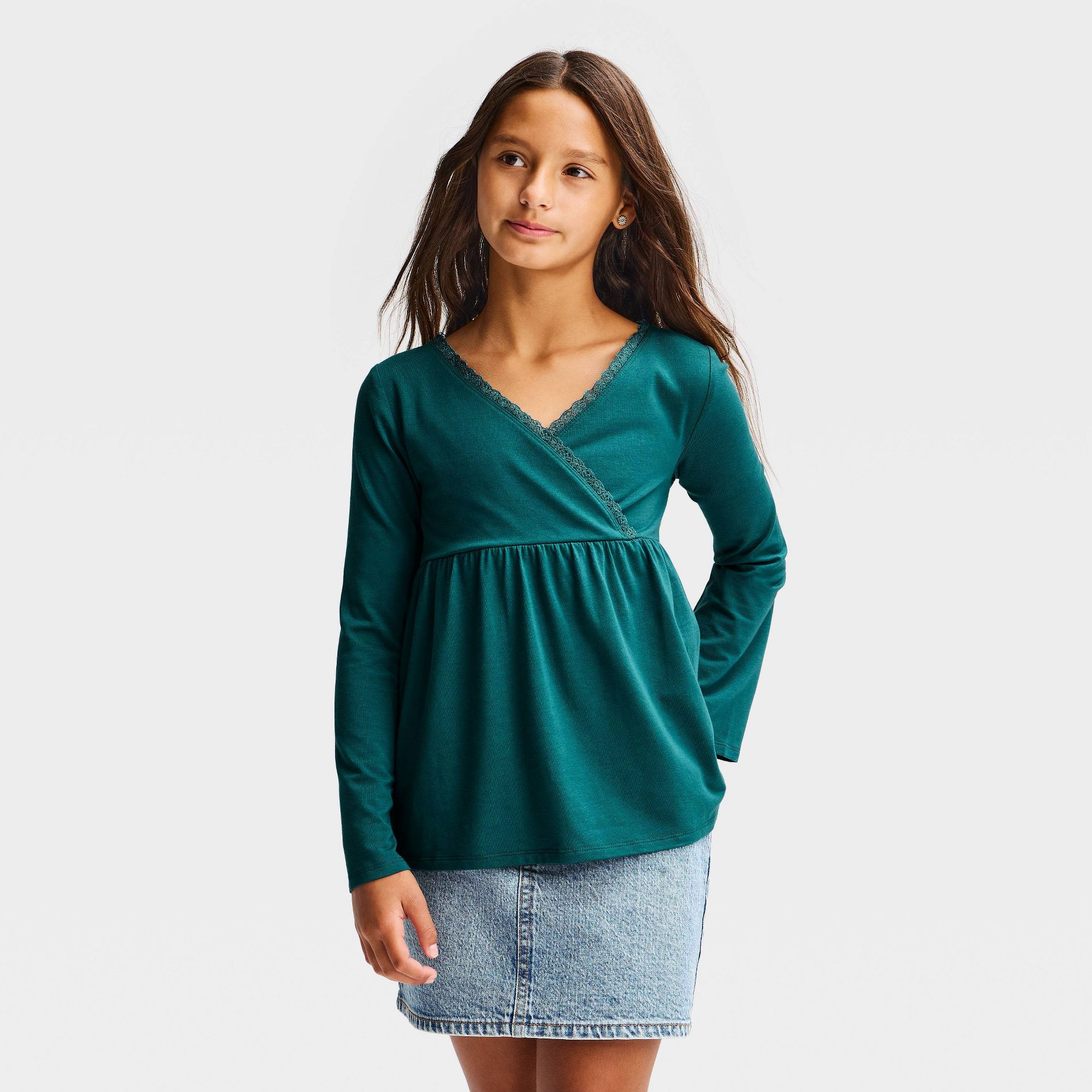Girls' Lace Trim Knit Babydoll Long Sleeve Top - art class™