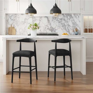 41.5"H Set of 2 Bar Stools, Fabric Upholstery, Mid-Century Style, Sturdy Rubberwood Frame, Ergonomic Footrest,Black-- Frevyn - 1 of 4