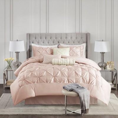 Kumasinova 7Pcs Tufted Polyester Comforter Set,All Season Luxury Bedding Set with Comforter,Sheets,Shams&Decor Pillows,Machine Washable,Blush