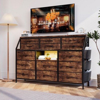 Vintage Dresser for Bedroom with 14 Fabric Drawers,TV Stand for 55 inch with Metal Frame and Wood Top Open Shelves