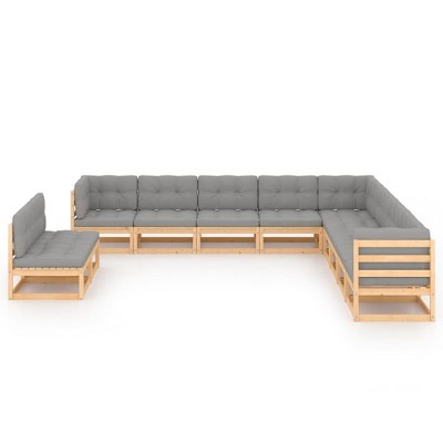 vidaXL Patio Furniture Set 11 Piece Outdoor Sectional Sofa Solid Wood Pine - Natural With Cushions