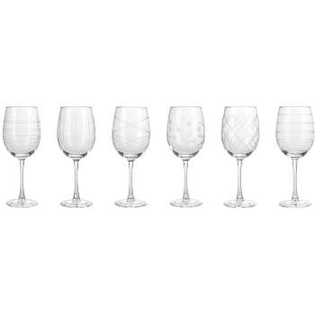 Fifth Avenue Crystal Medallion Wine Glasses Set of 6, 15.5 oz, Long Stem Durable Glass Cups, Textured Etched Patterns