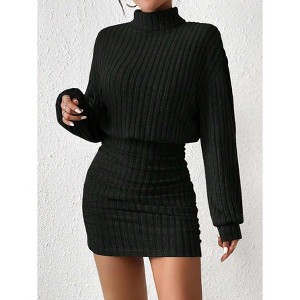 Coolmee Women's Pullover Sweater Dress Long Lantern Sleeve Turtle Neck Cute Ribbed Knit Stripe Bodycon Wrap Mini Dress - 1 of 4