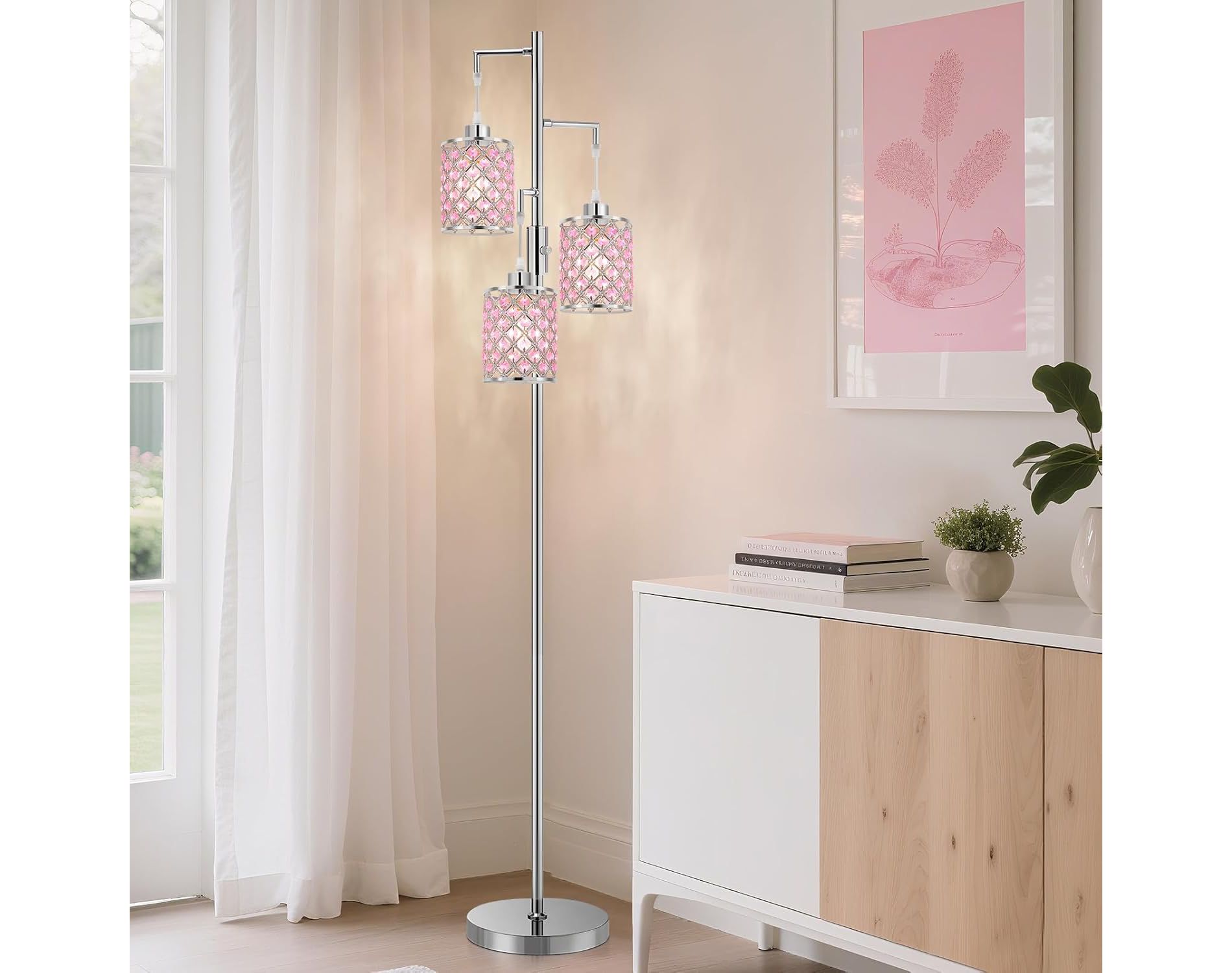 GTCLIGHTING Morden Pink Crystal Floor Lamps for Living Room, 3-Light Standing Tall Lamp with K9 Crystal Shade & Rotary Switch, Corner Lamp for Bedroom
