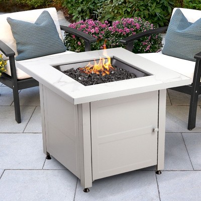 Gray Faux Marble Gas Fire Pit Table with Steel Base