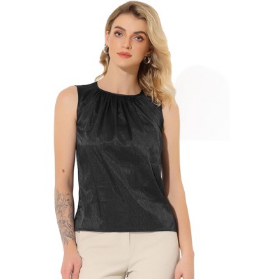 Allegra K Women's Satin Round Neck Sleeveless Work Office Pleated Blouse