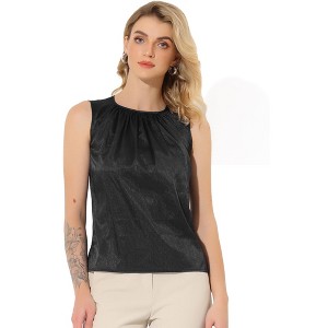 Allegra K Women's Satin Round Neck Sleeveless Work Office Pleated Blouse - 1 of 4