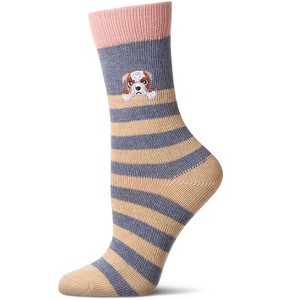 Memoi Women's "Just Hanging" Striped Embroidered Cotton Rich Novelty Crew Socks - 1 of 3