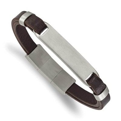 Black Bow Jewelry Stainless Steel Black or Brown Leather Adjustable I.D. Bracelet, 8 In