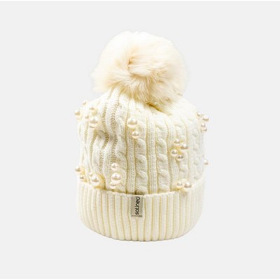 Perfectly Satined White Beaded Satin Lined Beanie With Pom