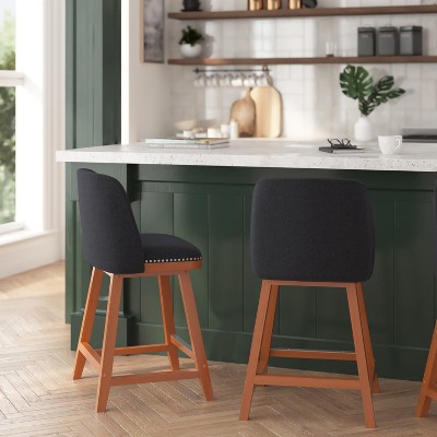 Charcoal Faux Linen 24" Counter Stools with Walnut Wood and Nailhead Trim, Set of 2
