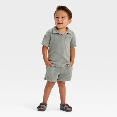 Image of Toddler Boys' Short Sleeve Ottoman Knit Polo Shirt and Shorts Set - Cat & Jack™ Gray 18M