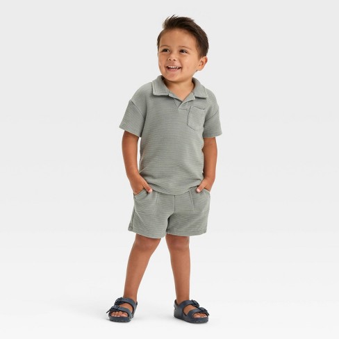 Toddler Boys Short Sleeve Ottoman Knit Polo Shirt and Shorts Set Cat Jack Gray 12M