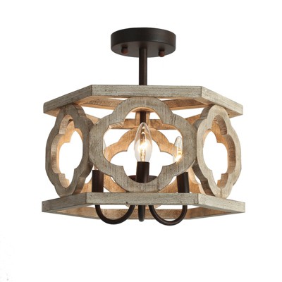 LNC Quaint 3-Lights 14-in Grayish White Wood and   Rustic Bronze Drum LED Semi-flush Mount Lights