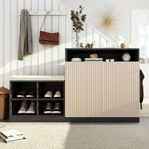 Entryway Storage Cabinet with Shoe Bench, 2-Door Sideboard with Adjustable Shelves, Hooks & Removable Cushion - ModernLuxe - 1 of 4