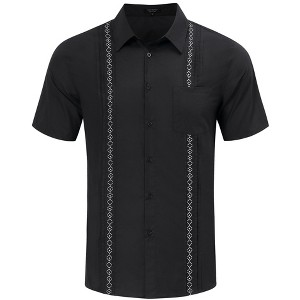 Men's Cotton Linen Shirt Short Sleeve Cuban Guayabera Casual Summer Beach Button Down Shirts With Pocket - 1 of 4
