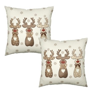 Christmas Reindeer Snowflakes Pillow Covers 18x18 Set of 2 Xmas Polka Dot Love Heart Bow Brown Elk Deer - 1 of 4