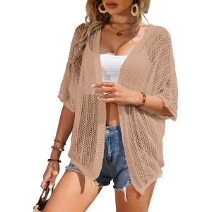 Womens Short Sleeve Cardigan Beach Cover Up Hollow-Out Sweater Cardigan Batswing Sleeve Cover Up Lightweight Cardigan - 1 of 4