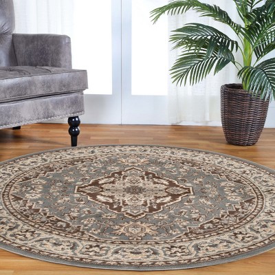 Gray Round Medallion Floral Scroll Synthetic Rug