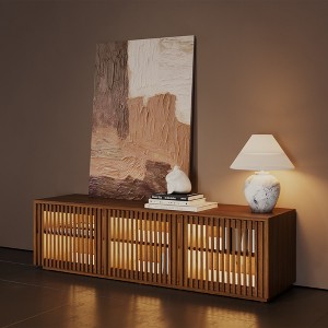 POVISON 59" Mid-Century Modern Wood Slatted TV Stand with LED lights, LED TV Stand, Walnut Color TV Console - 1 of 4