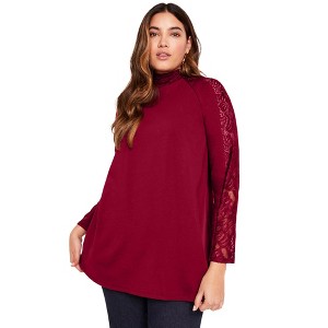 June + Vie by Roaman's Women's Plus Size Lace-Sleeve Mockneck Tee - 1 of 1