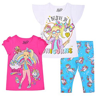 Nickelodeon Girl's 3-Pack I Believe In Unicorns JoJo Siwa Ruffle Sleeve Graphic Tee and Capri Legging Pant Set for kids