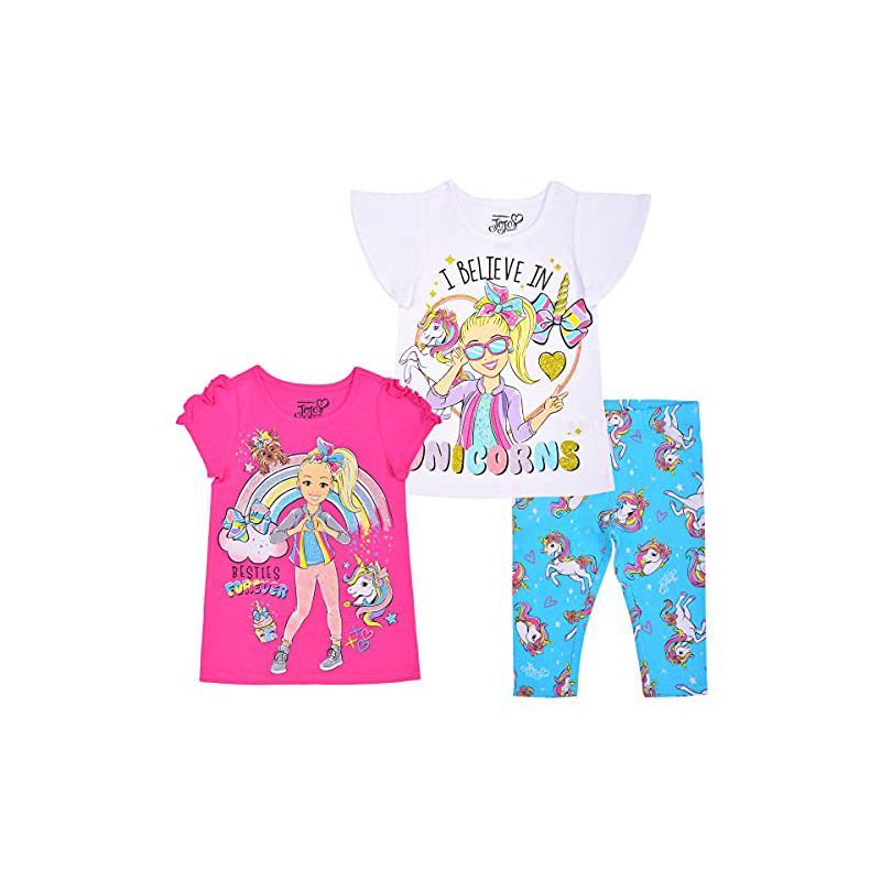 Nickelodeon Girl's 3-Pack I Believe In Unicorns JoJo Siwa Ruffle Sleeve Graphic Tee and Capri Legging Pant Set for toddler, 1 of 8