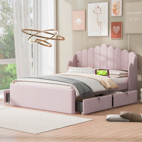 Full Size Upholstered Platform Bed With 4 Drawers And 2 Usb, Pink, 4a 