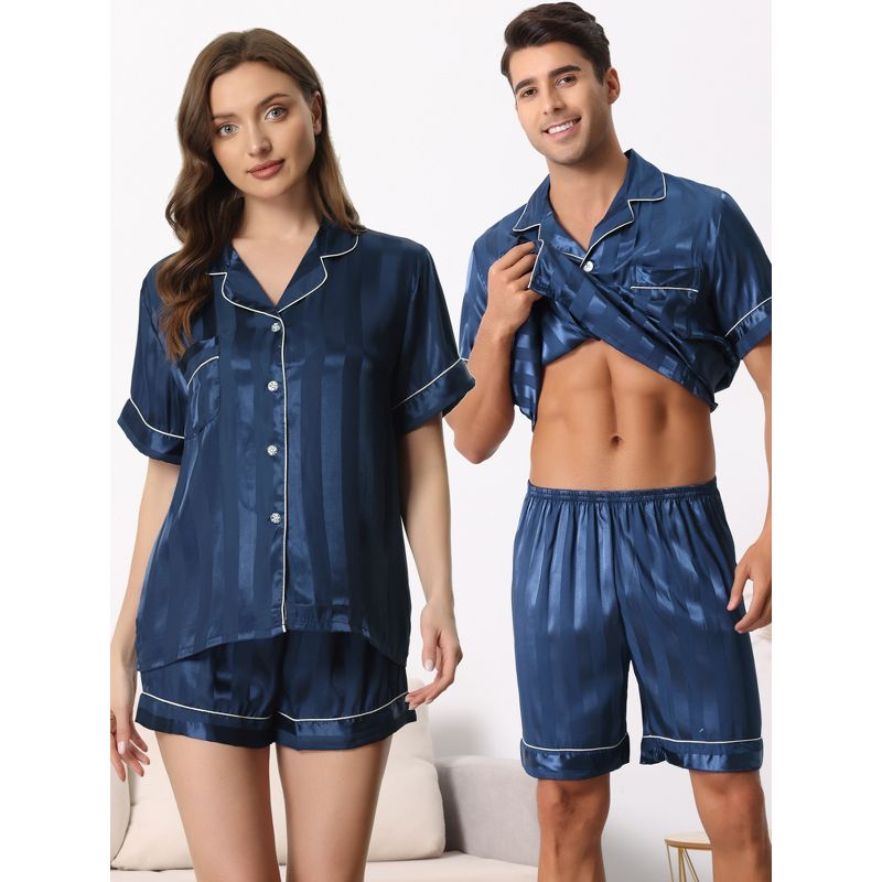 cheibear Women's Satin Button Down Short Sleeve and Shorts Pajama Set, 2 of 7