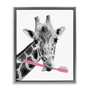 Stupell Industries Funny Animal Bathroom Toothbrush Floating Frame Canvas Art - 1 of 4