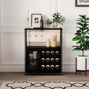 3-Tier Wine Bar Cabinet with Wine Rack and Storage Space, Buffet Cabinet with Glass Holder and Mesh Door, for Kitchen, Living Room and Bar - 1 of 4