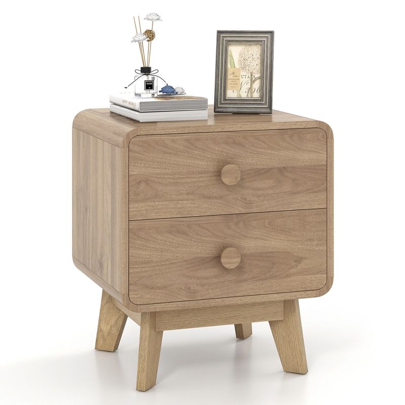 Costway 1/2 PCS Modern Style 2-Drawer Nightstand Bedside Table with Solid Rubber Wood Legs Brown, 1 of 10