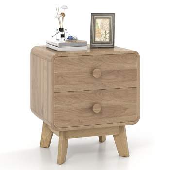 Costway 1/2 PCS Modern Style 2-Drawer Nightstand Bedside Table with Solid Rubber Wood Legs Brown