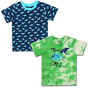 10 Threads Boy's 2-Pack Short Sleeve Shark and Dinosaur Patterned Tee Shirt Set for Kids - 1 of 4