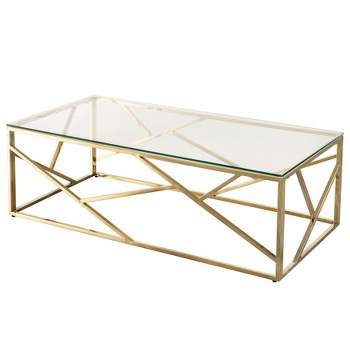 Fabulaxe Decorative Rectangular Glass Top Metal Modern Coffee Table
