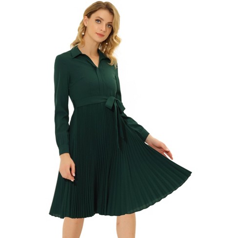 Allegra K Women's A-line V Neck Turn Down Collar Belted Pleated Dress Dark  Green X-small : Target