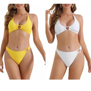 INSPIRE CHIC Women's Ribbed Textured Halter Cute Heart Ring Triangle Bottoms Swimwear Bathing Bikini Suits 2 Sets - 1 of 4