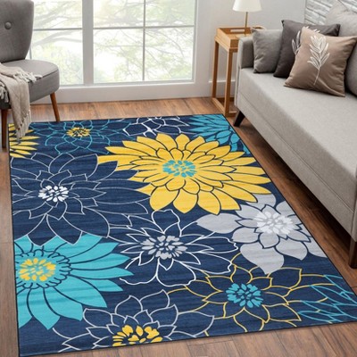 Machine Washable Area Rugs Modern Flower Carpet Non Slip Stain Resistant Soft Low Pile Rugs Farmhouse Accent Carpet for Kitchen Living Room Laundry