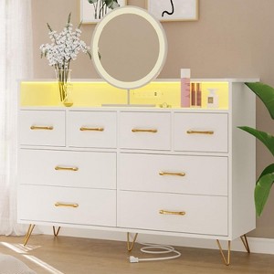 Jojoka Dresser for Bedroom with LED Light & Charging Station, 8 Drawers Wooden Dressers with Open Space - 1 of 4