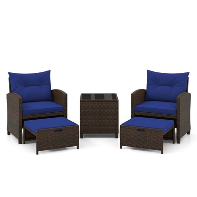Tangkula 5 CS Rattan Furniture w/ & Tempered Glass & 2 Ottomans Coffee Table Patio