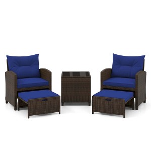 Tangkula 5 CS Rattan Furniture w/ & Tempered Glass & 2 Ottomans Coffee Table Patio - 1 of 4