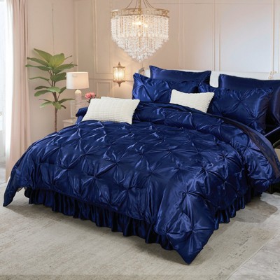 Satin Comforter Set Bed in a Bag – Pinch Pleat Luxury Bedding with Sheets, Pillowcases & Decorative Covers, Soft Silky Quilt
