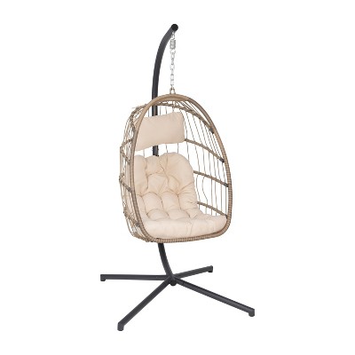 Emma and Oliver Awen Foldable Hanging Egg Chair with Woven Finish, Removable Cushions, and Included Stand for Indoor and Outdoor Use