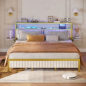 Bestier Full/King/Queen Size Bed Frame Upholstered Headboard Bed, LED Platform Bed with Foldable Trip Shelves & Storage Headboard Charge Station - 1 of 4