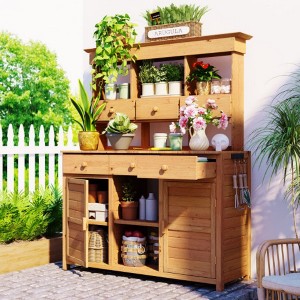65.7" H Tall Garden Potting Bench Table with Hutch,Patio Storage Workstation with 3 Shelves,6 Drawers,2 Bottom Cabinets&Side Hooks for Mudroom - 1 of 3