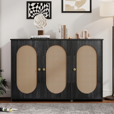 48.8"W Retro 3-Door Sideboard with Large Storage Space, Artificial Rattan Doors and Metal Handles 4B - ModernLuxe
