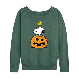 Women's - Peanuts - Snoopy Woodstock Pumpkin Lightweight French Terry Wide Neck Long Sleeve Shirt - 1 of 4