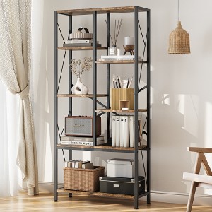 Adjustable 6-Tier Open Bookcase – Rustic Farmhouse Wood & Metal Bookshelves, Industrial Mid-Century Shelf for Living Room, Bedroom, Home Office - 1 of 4