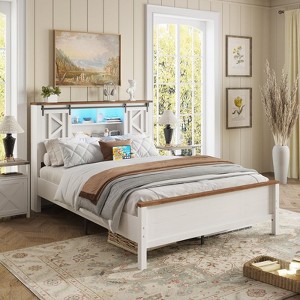 Bed Frame with Storage Headboard, Charging Ports & LED Light, White - 1 of 4